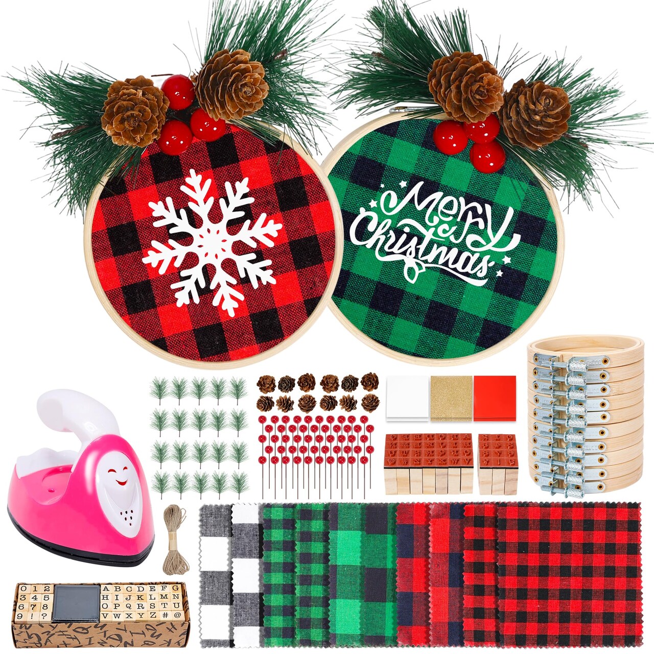 111 Pieces Christmas Ornament Making Kit Including 3 Inch Embroidery Hoops, 5 Inch Squares Plaid Fabric and Pink Mini Heat Press for DIY Christmas Decoration